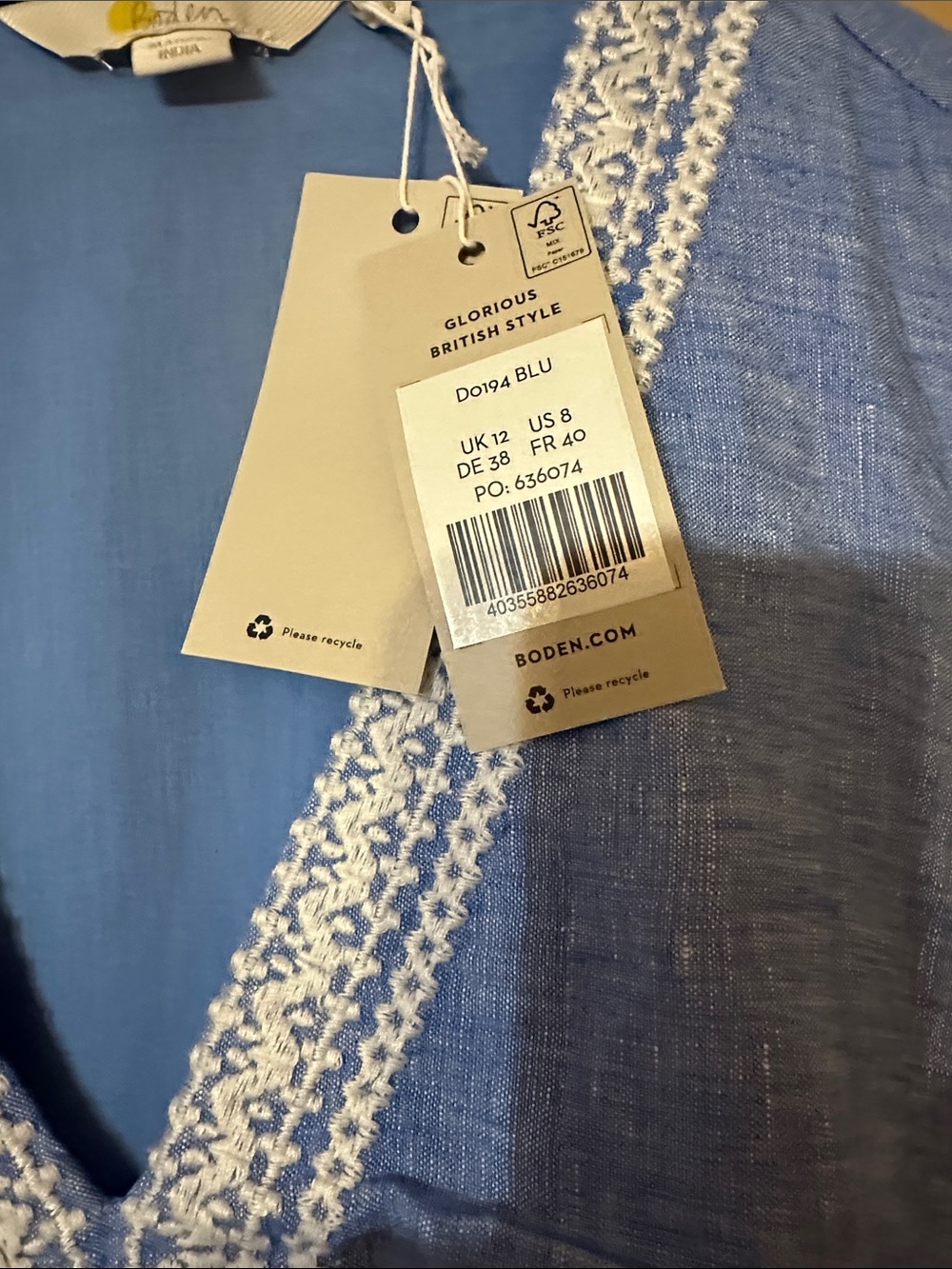 Boden Blue Linen Embroidered V-Neck Midi Dress - Picture 7 of 10